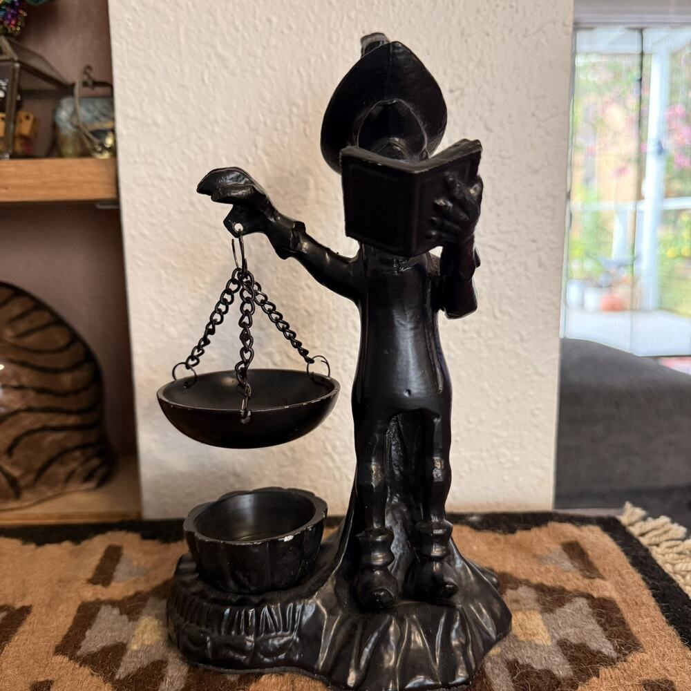 Witch With Cauldron Black Metal Tealight/Tart Warmer - Rare - 9.5” Tall